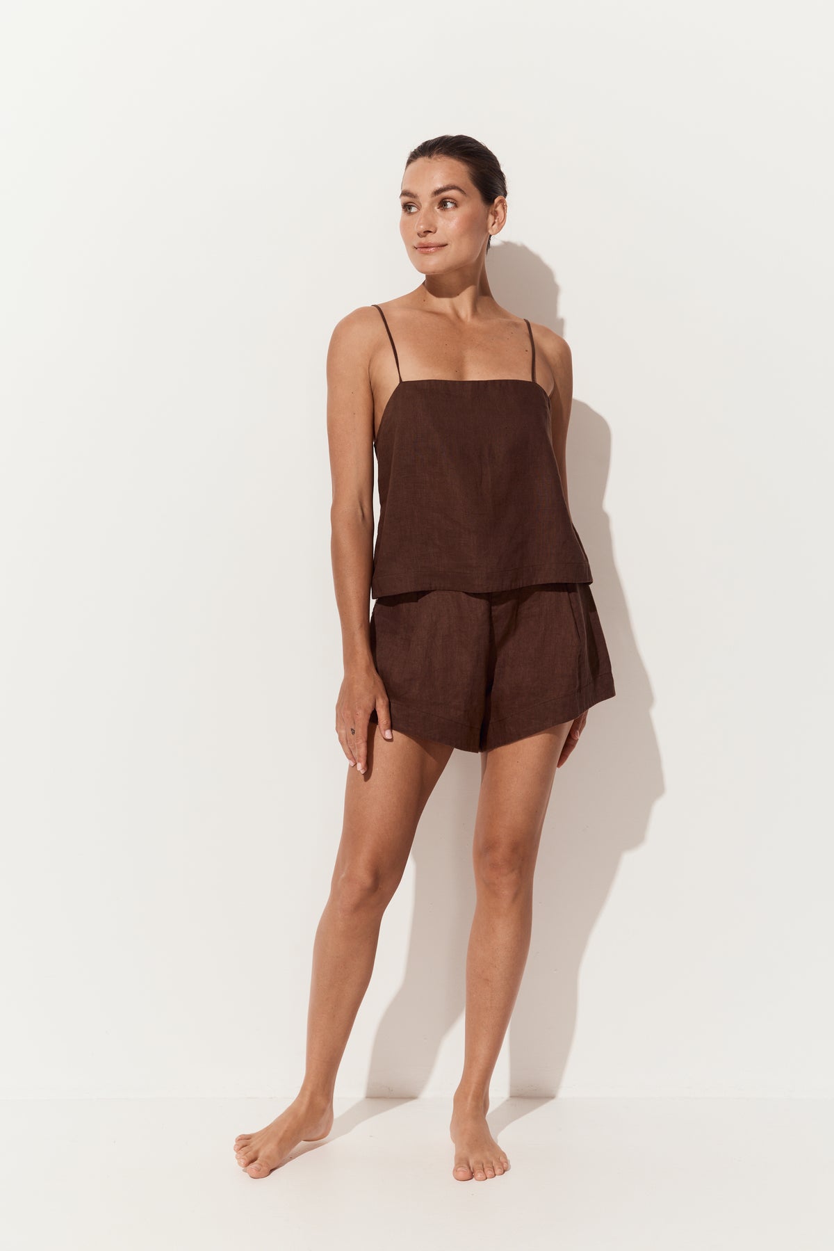 Rosa Linen Cami in Chocolate - full front view with matching chocolate Gaia linen shorts - Lilly Pilly Collection