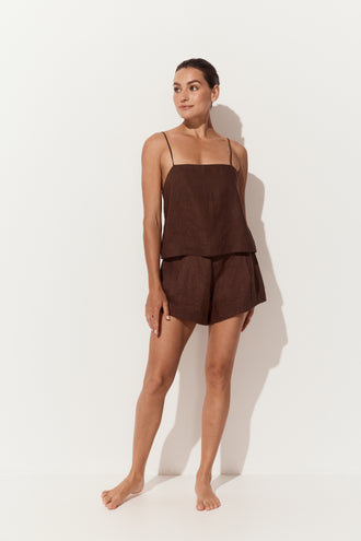Rosa Linen Cami in Chocolate - full front view with matching chocolate Gaia linen shorts - Lilly Pilly Collection