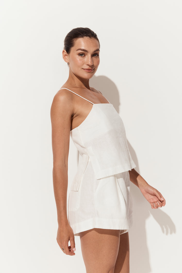 Rosa Linen Cami in Ivory - side view styled with matching Gaia linen shorts - Lilly Pilly Collection