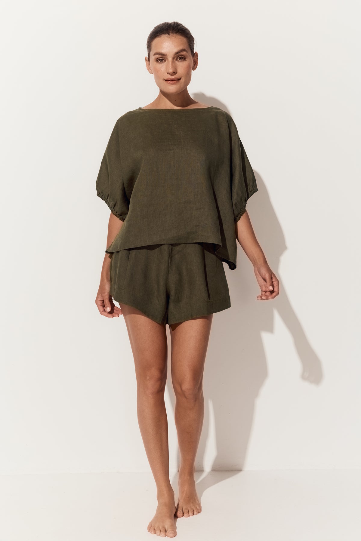 Tina Linen Top in Khaki -front view, round neckline and batwing sleeves with elasticated cuffs - Lilly Pilly Collection