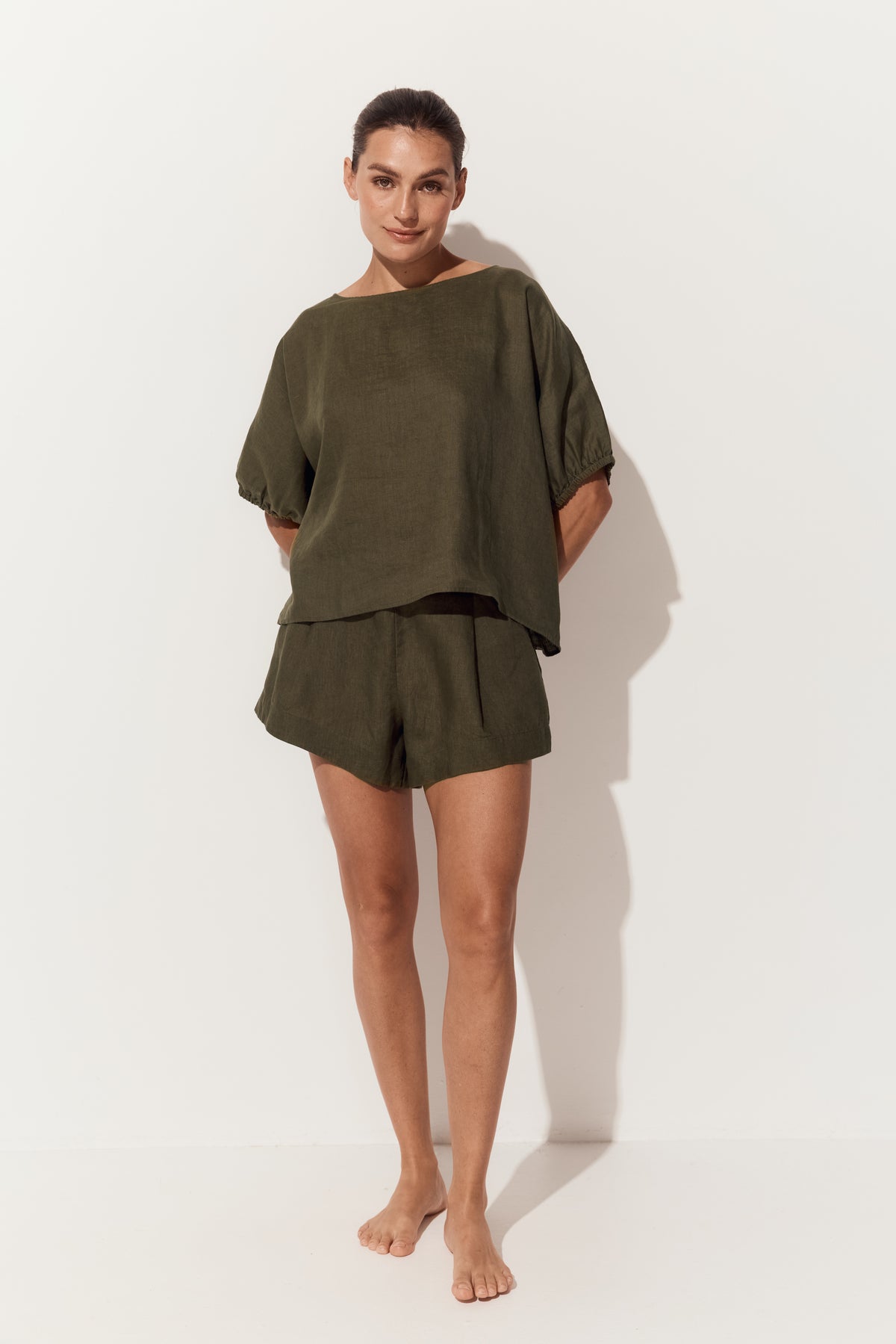 Tina Linen Top in Khaki - full front view, round neckline and batwing sleeves with elasticated cuffs - Lilly Pilly Collection