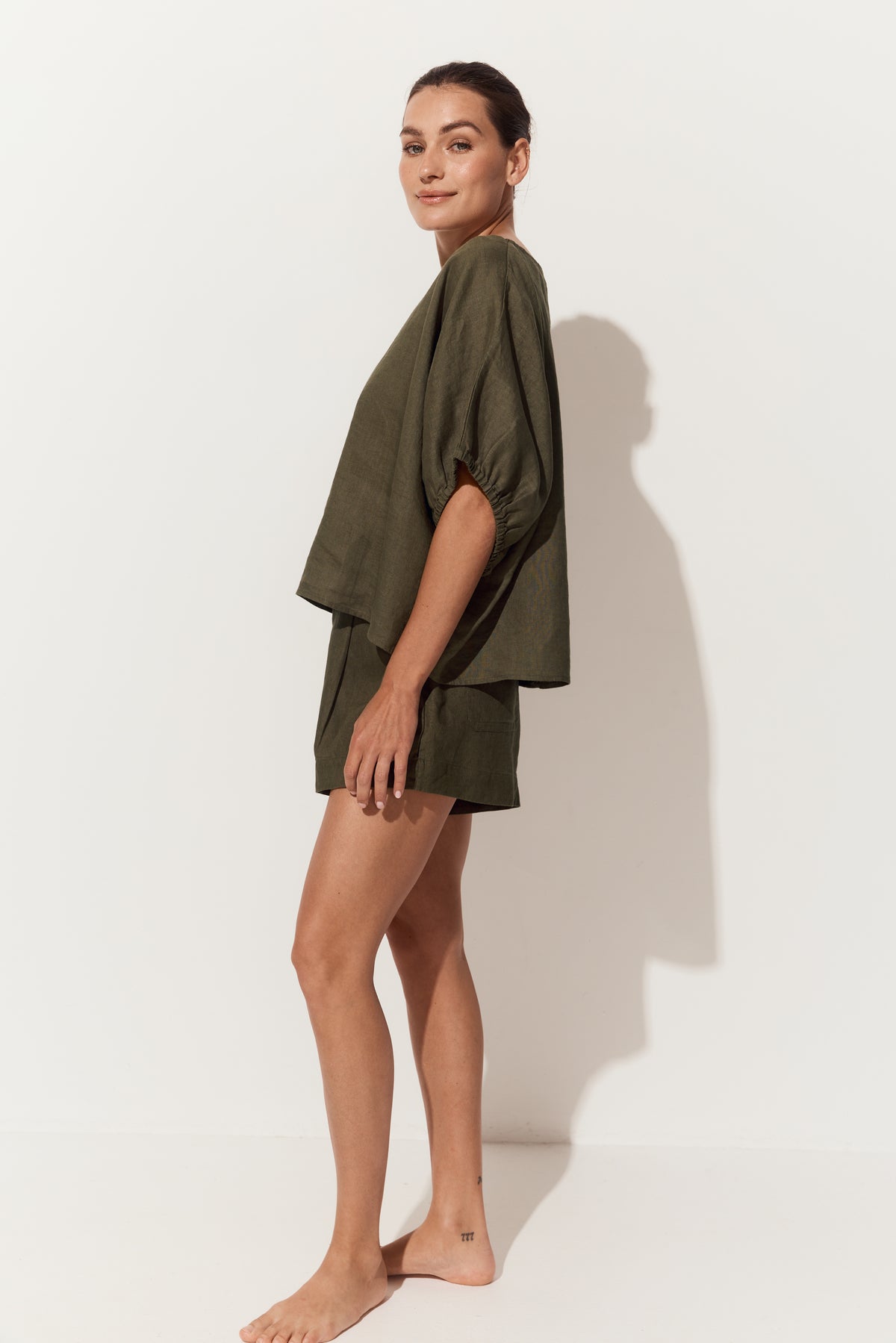 Tina Linen Top in Khaki - side view, batwing sleeves with elasticated cuffs - Lilly Pilly Collection