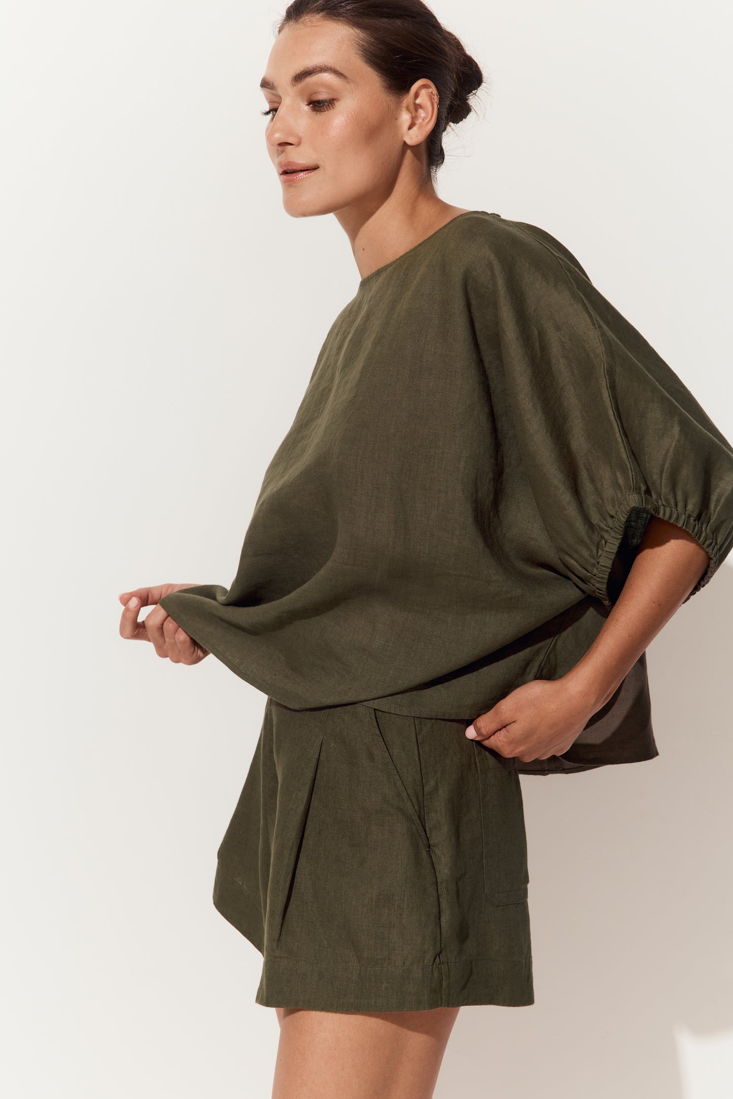 Tina Linen Top in Khaki - close up side view - Lilly Pilly Collection
