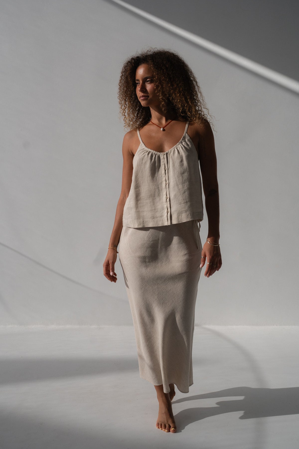Riley Bias Linen Midi Skirt - Oatmeal