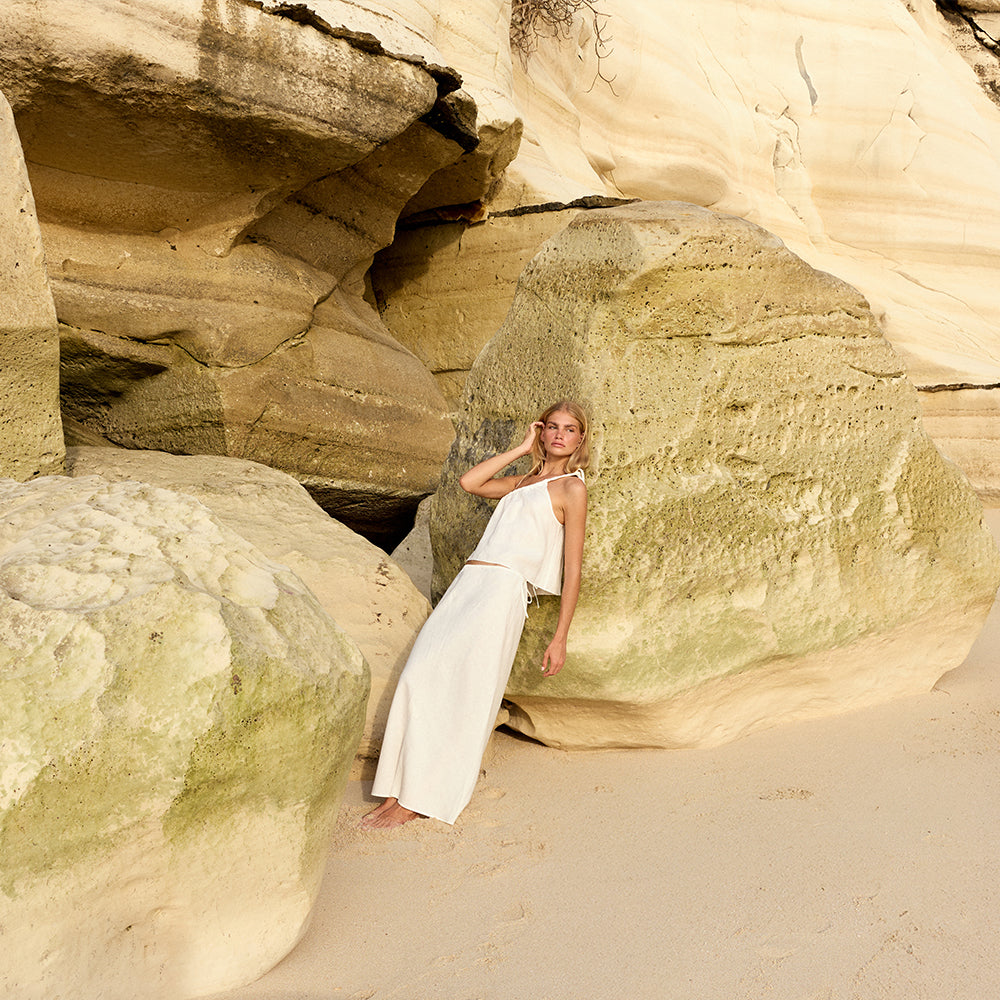 Women's Linen Collection featuring Romy linen top and matching set Riley linen skirt in Ivory by Lilly Pilly Collection 
