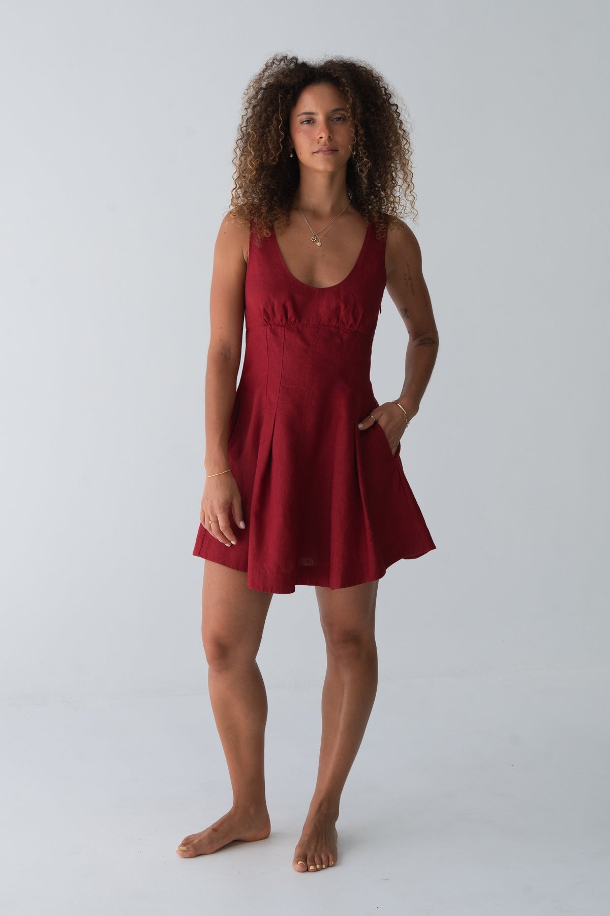 Adele Linen Short Dress in Cherry Red - full front view, scoop neckline and pleated A-line skirt - Lilly Pilly Collection