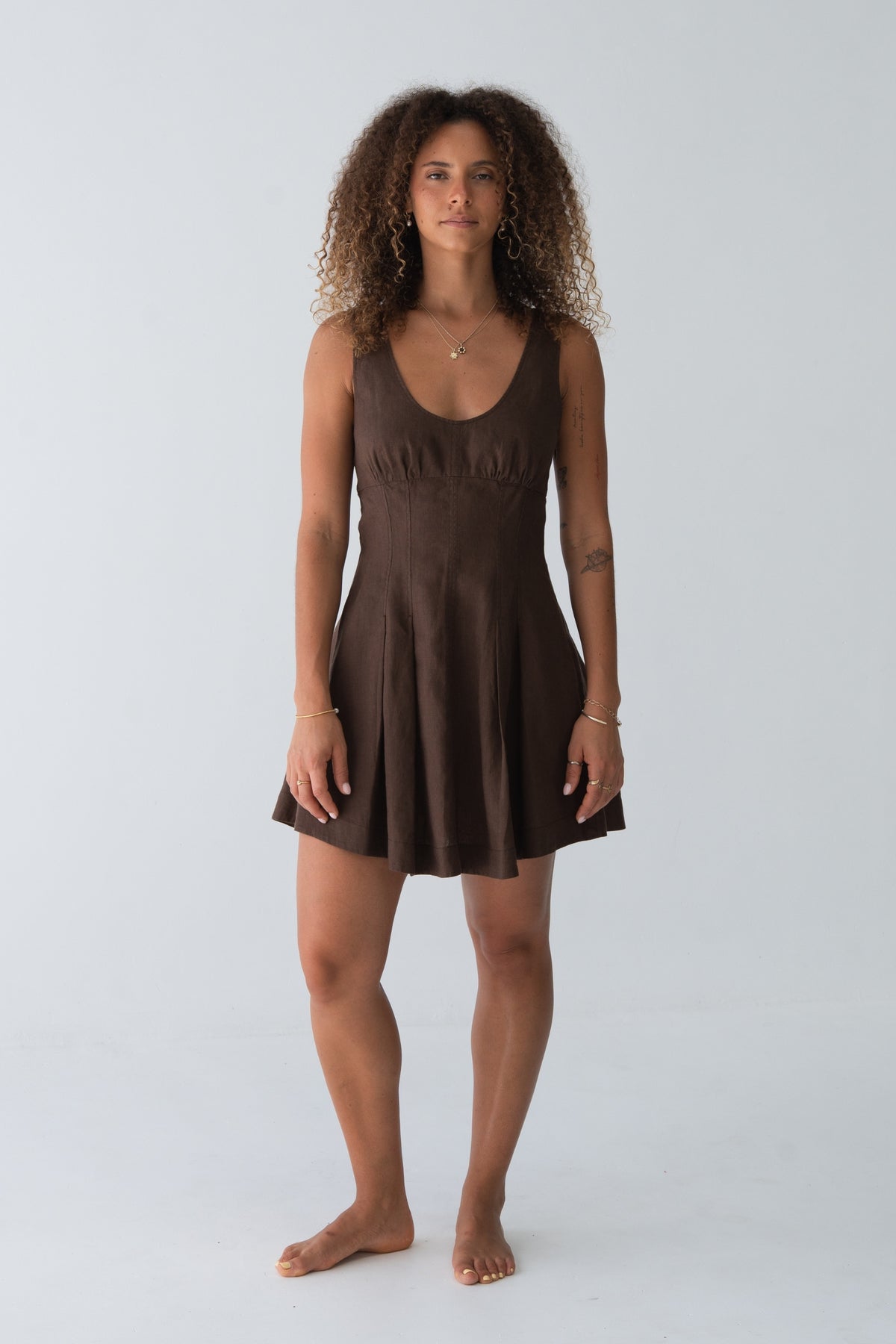 Adele Linen Short Dress in Chocolate - full front view, scoop neckline and pleated A-line dress - Lilly Pilly Collection