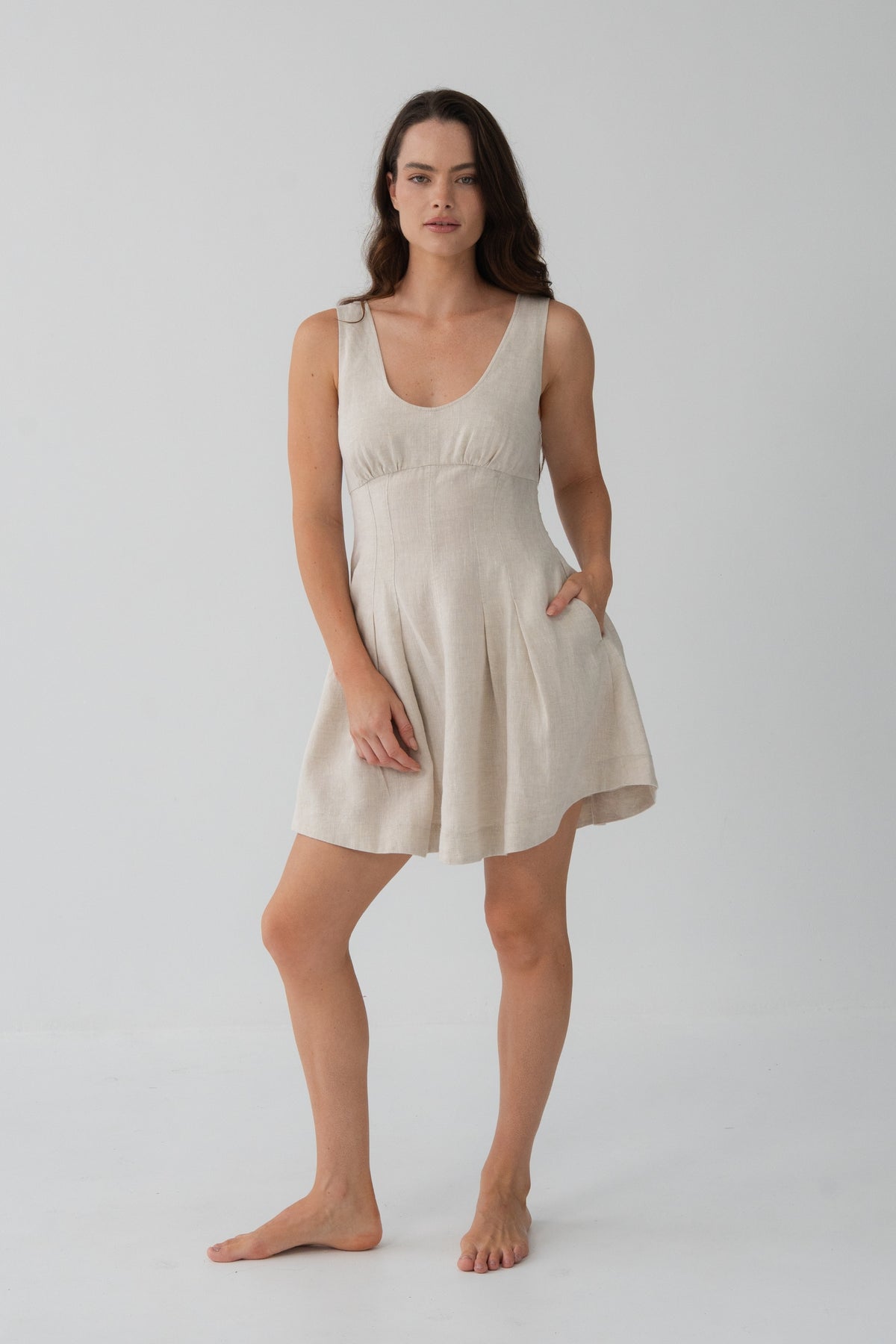 Adele Linen Short Dress in Oatmeal - full front view, scoop neckline, fitted bodice and pleated A-line dress - Lilly Pilly Collection