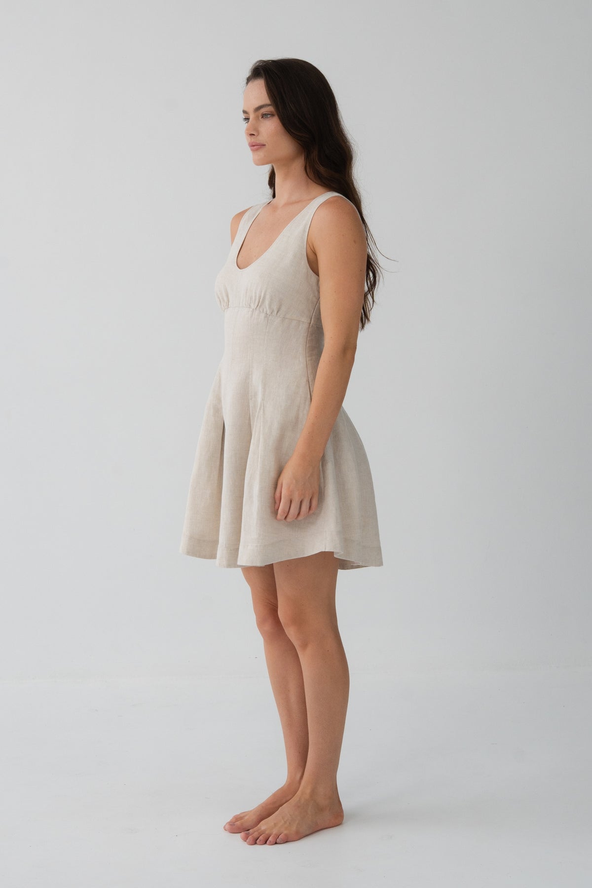 Adele Linen Short Dress in Oatmeal - side profile, scoop neckline and flared linen dress - Lilly Pilly Collection