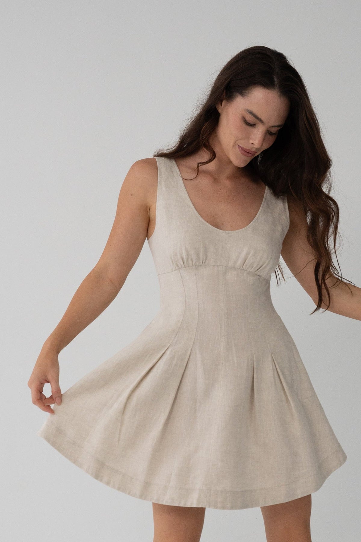 Adele Linen Short Dress in Oatmeal - front view, scoop neckline, fitted bodice and pleated A-line dress - Lilly Pilly Collection