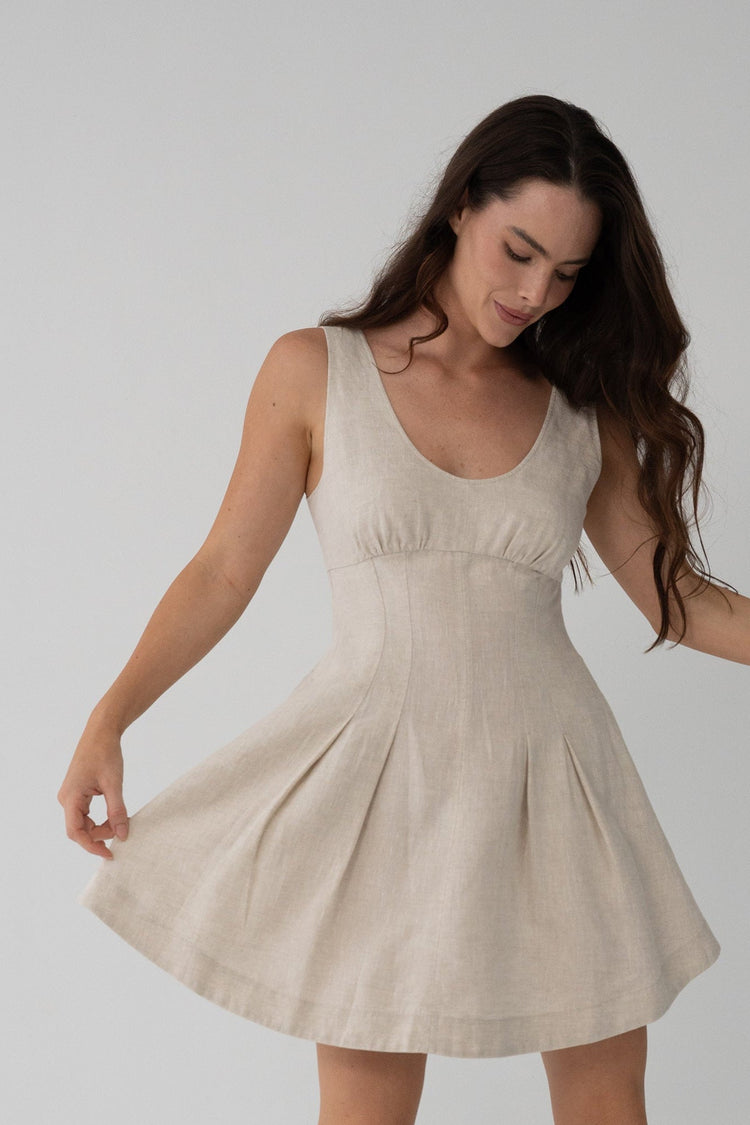 Adele Linen Short Dress in Oatmeal - front view, scoop neckline, fitted bodice and pleated A-line dress - Lilly Pilly Collection