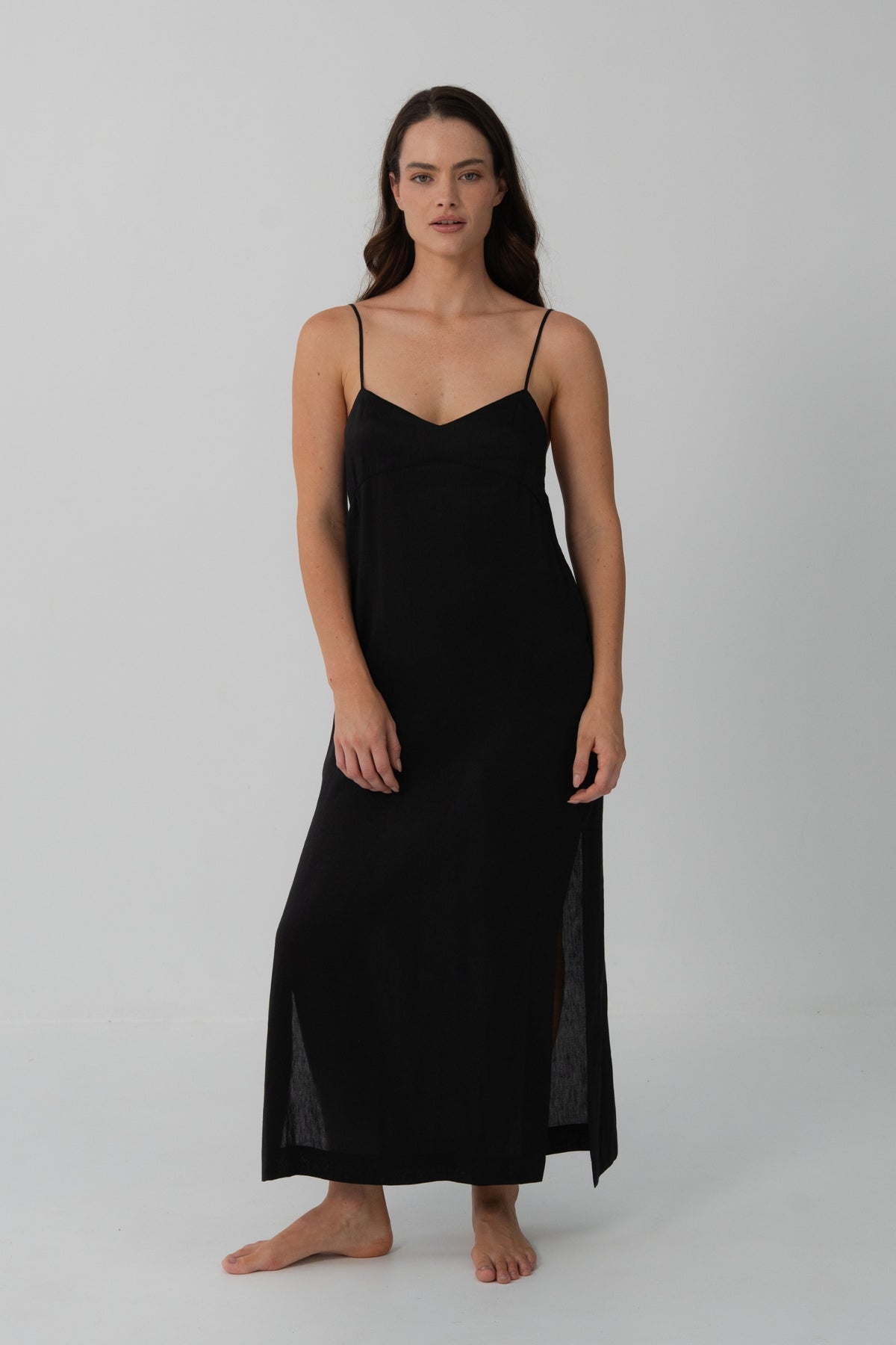 Ally Linen Silk Midi Slip Dress in Black - side profile, spaghetti straps and side split - Lilly Pilly Collection