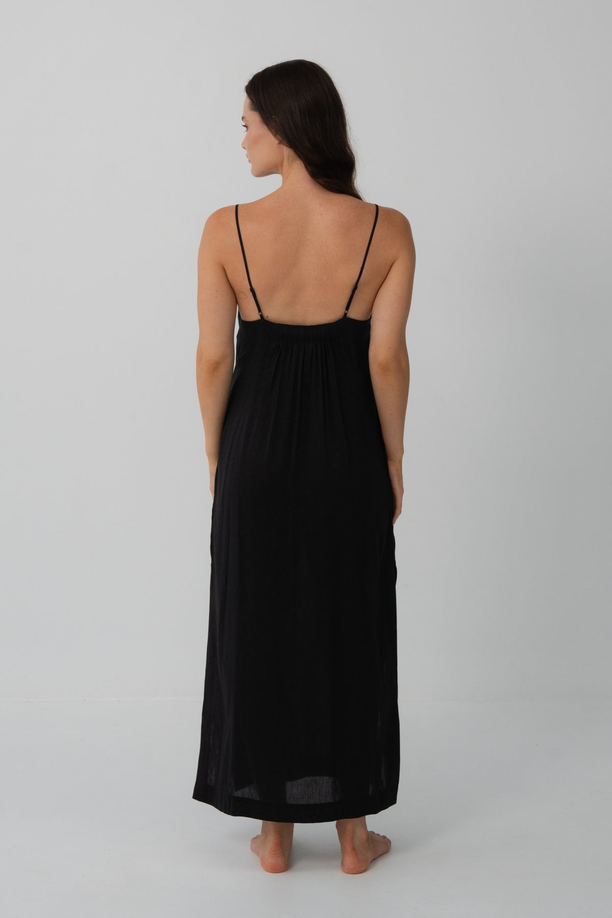 Ally Linen Silk Midi Slip Dress in Black - back view, open low back, gathered yoke and spaghetti straps - Lilly Pilly Collection