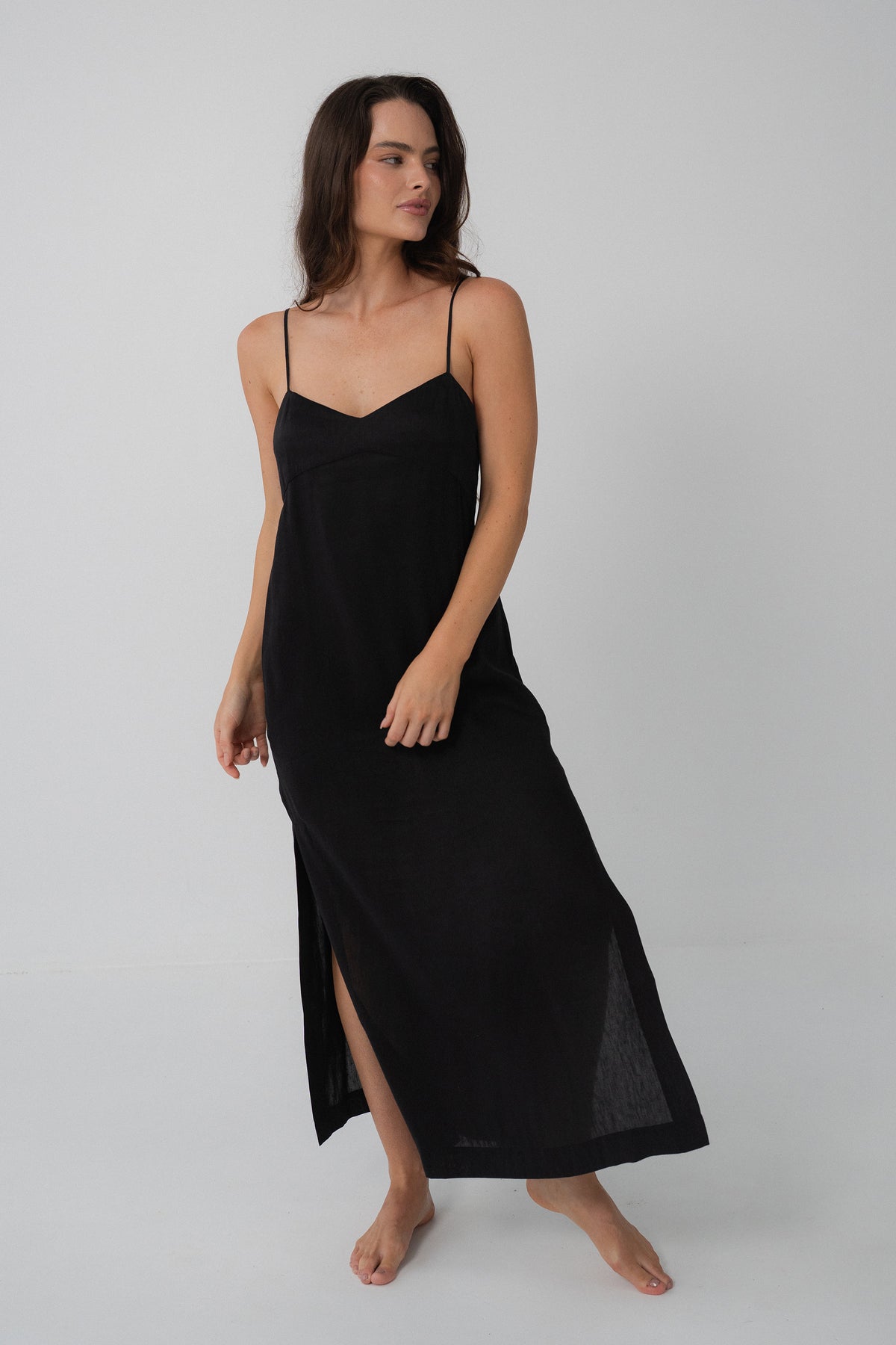 Ally Linen Silk Midi Slip Dress in Black - full front view, V-neckline, spaghetti straps and side split - Lilly Pilly Collection