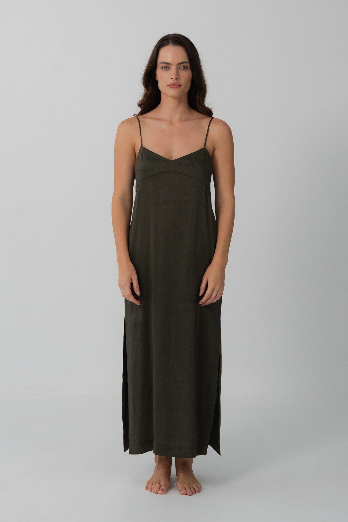 Ally Linen Silk Midi Slip Dress in Khaki - full front view, V-neckline, spaghetti straps and side splits - Lilly Pilly Collection