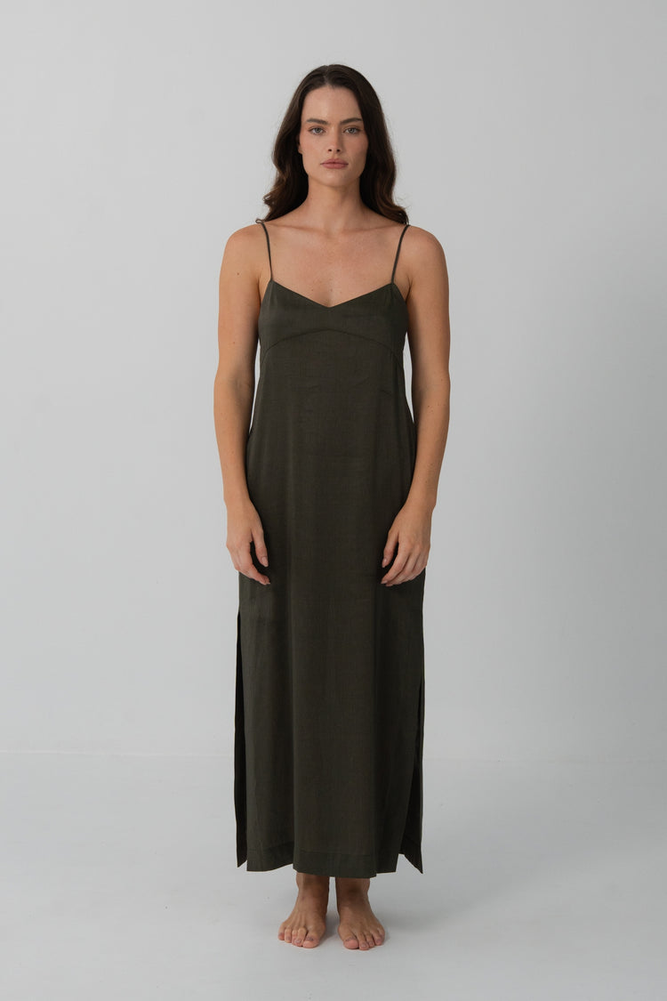 Ally Linen Silk Midi Slip Dress in Khaki - full front view, V-neckline, spaghetti straps and side splits - Lilly Pilly Collection