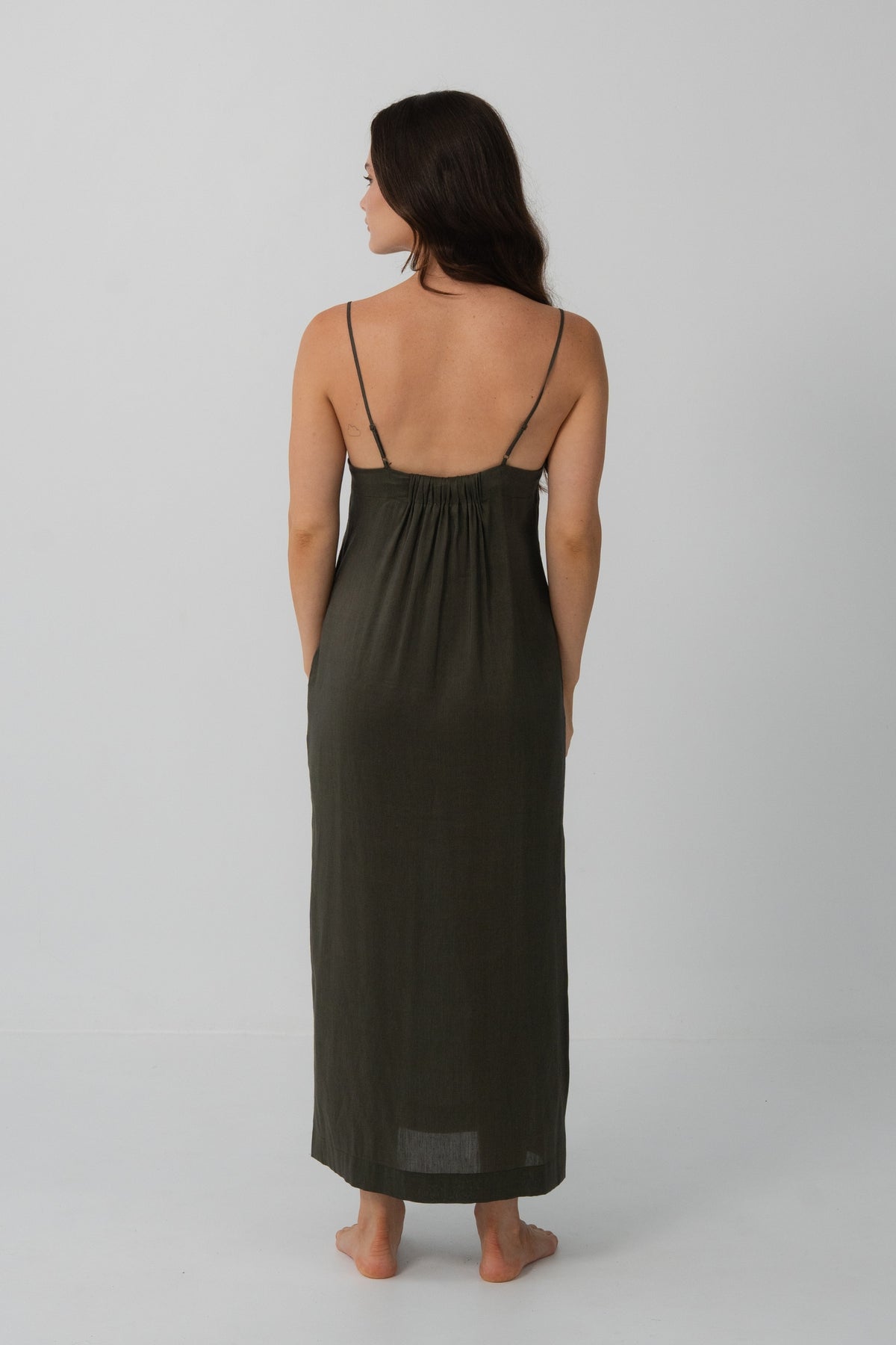 Ally Linen Silk Midi Slip Dress in Khaki - back view, open low back, gathered yoke and spaghetti straps - Lilly Pilly Collection