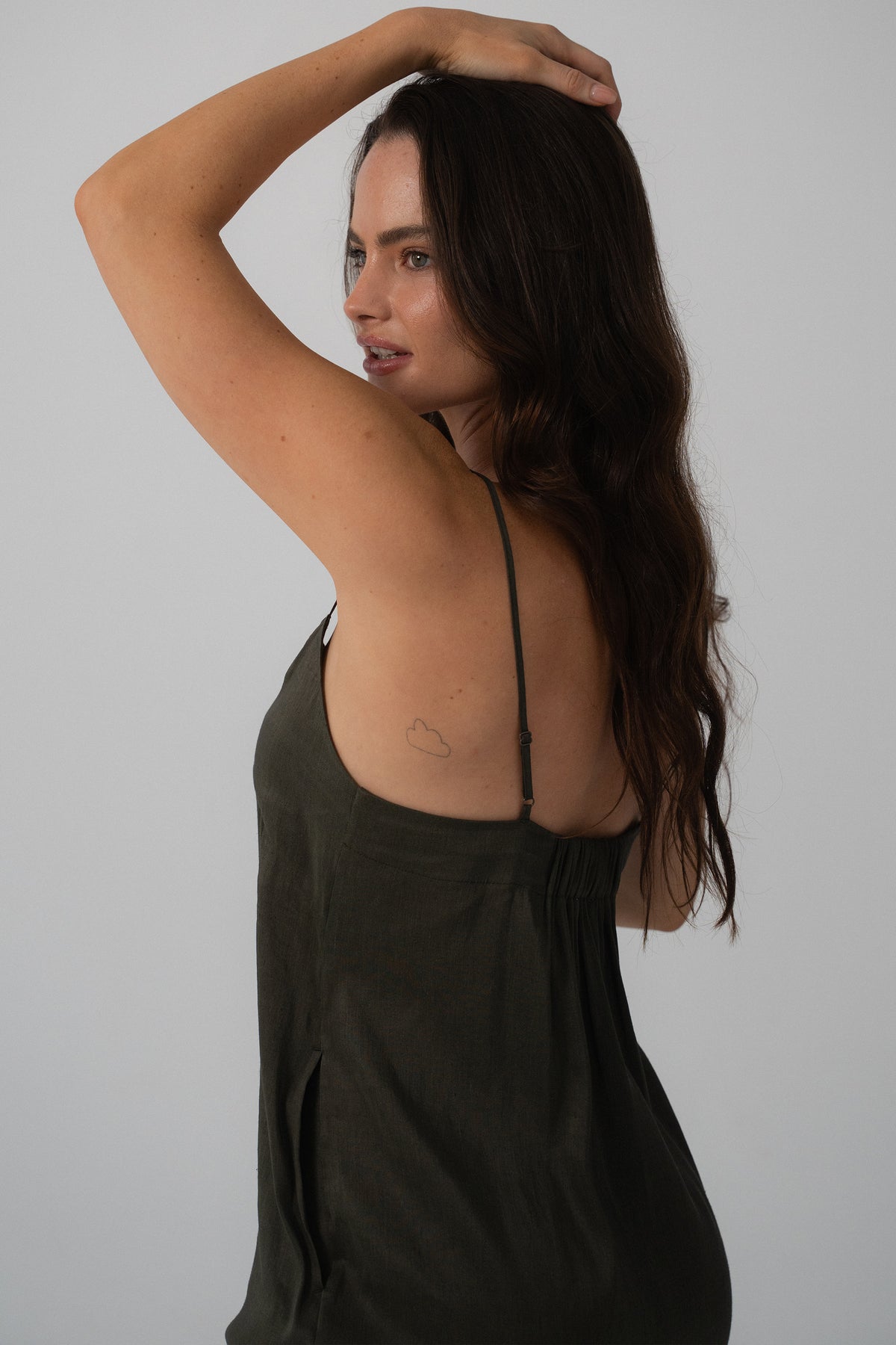 Ally Linen Silk Midi Slip Dress in Khaki - back view, open low back with spaghetti straps and side split - Lilly Pilly Collection