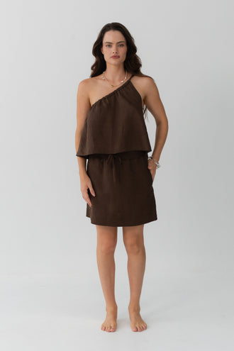 Anelle Linen Mini Skirt in Chocolate - front view, drawstring waistband, worn with Leni Silk Cami in Chocolate - Lilly Pilly Collection