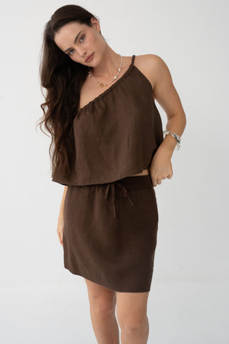 Anelle Linen Mini Skirt in Chocolate - full length, worn with Leni Silk Cami in Chocolate, drawstring waistband, pearl and gold necklace - Lilly Pilly Collection