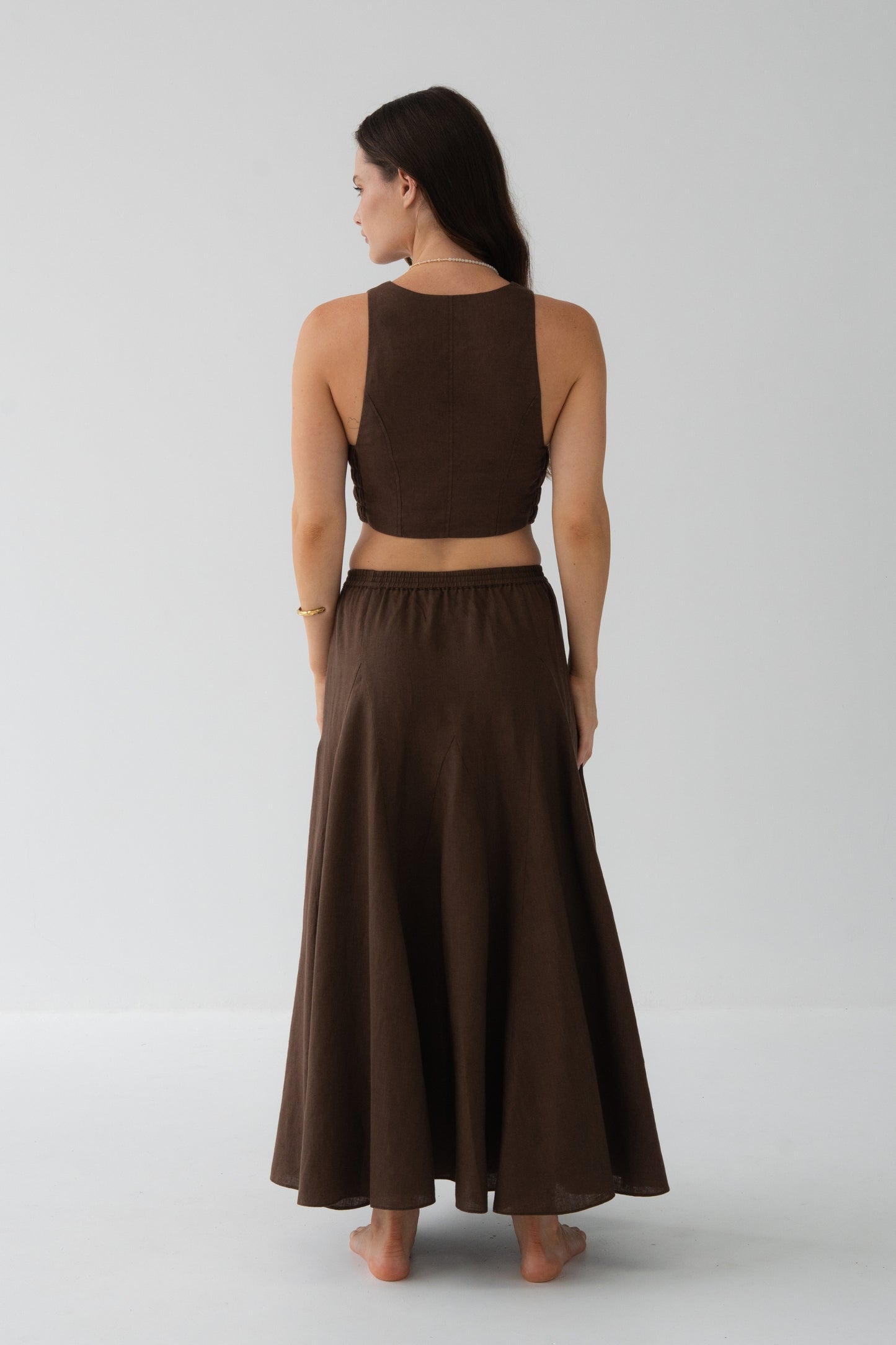 Ari Linen Vest in Chocolate - back view, racerback detail, styled with matching Riley Linen Skirt - Lilly Pilly Collection