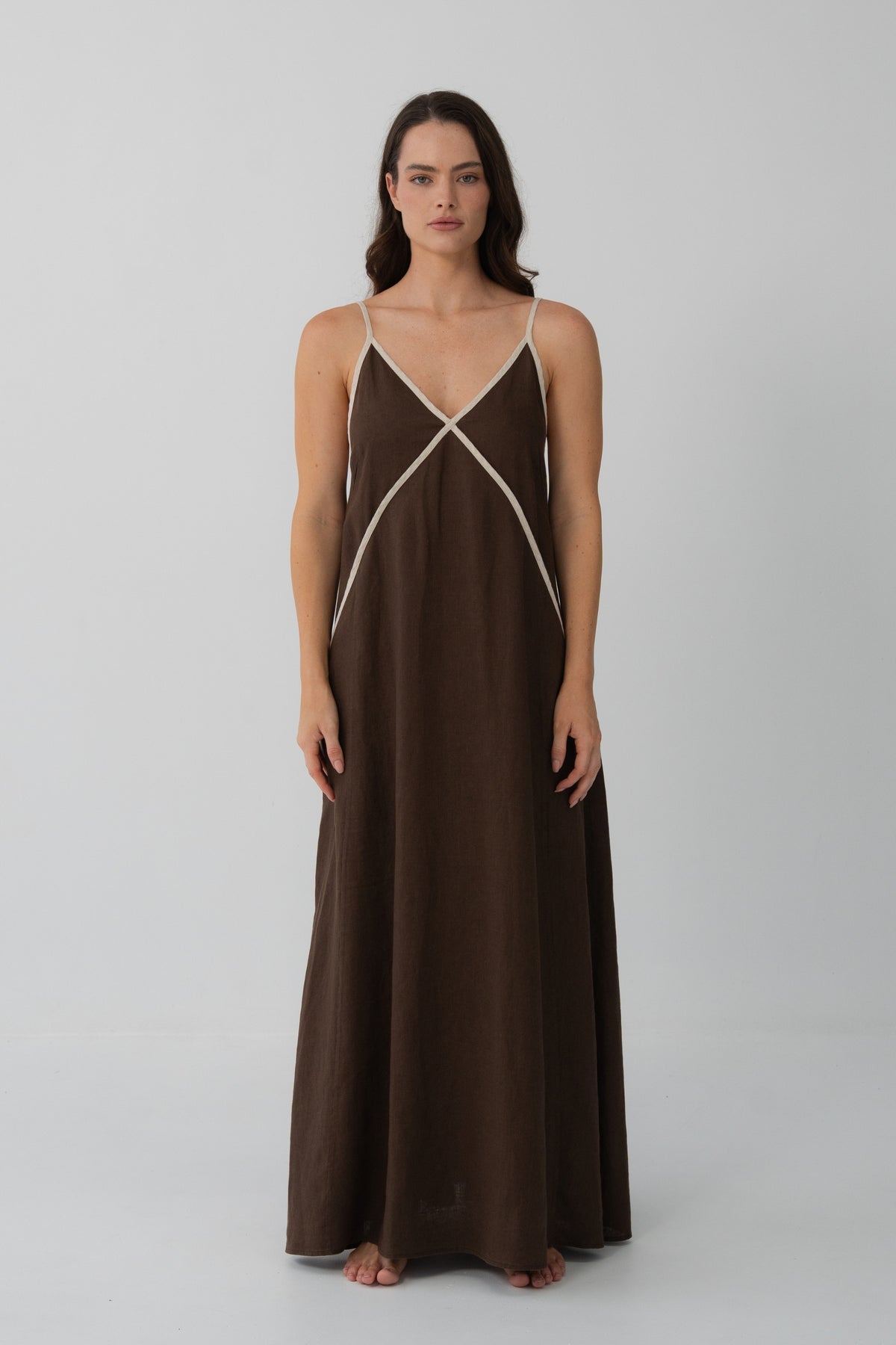 Azalea Linen Maxi Dress in Chocolate - full front view, V-neckline and contrast trim, fluid maxi length - Lilly Pilly Collection