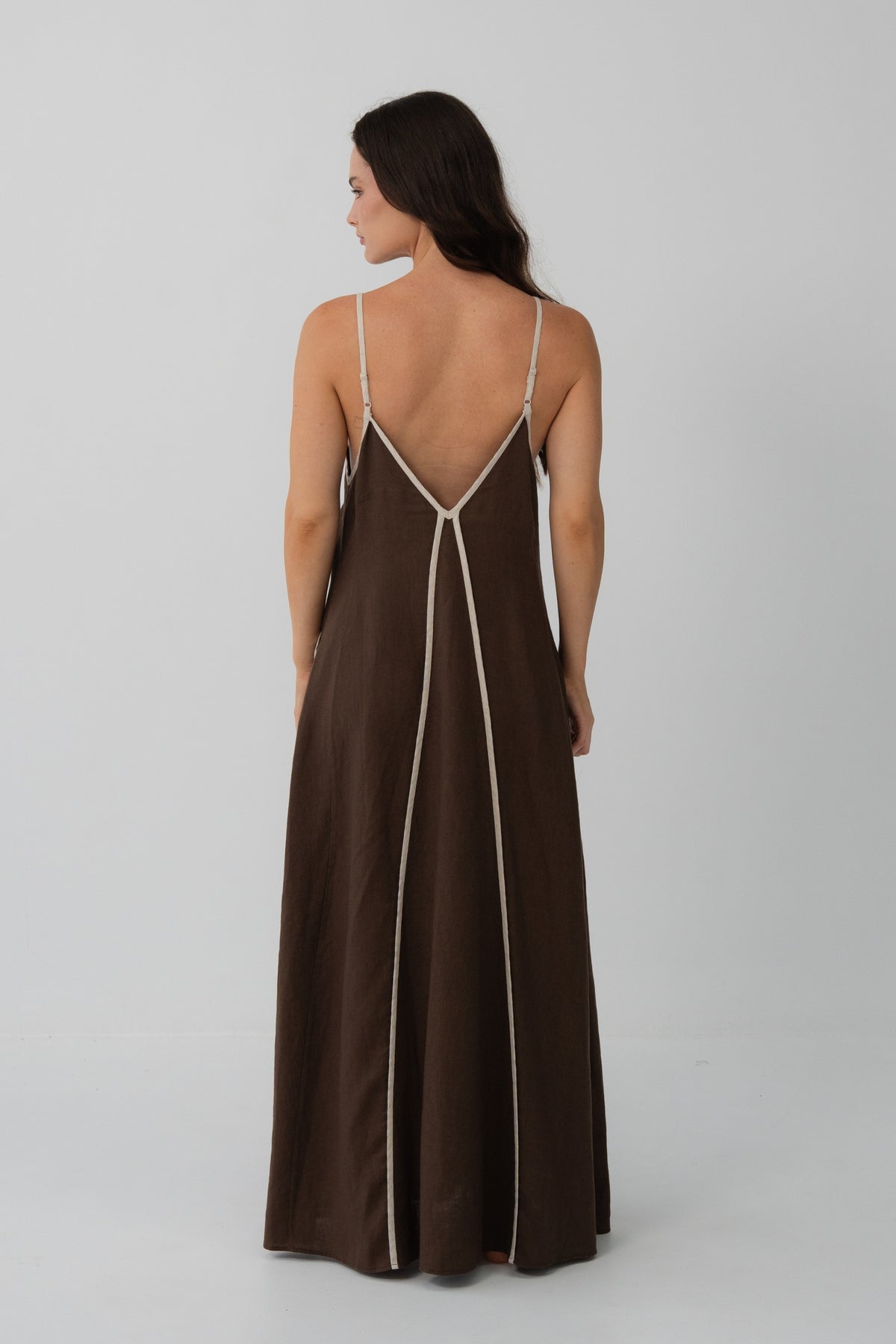 Azalea Linen Maxi Dress in Chocolate - back view, open V-back with contrast trim and spaghetti straps - Lilly Pilly Collection