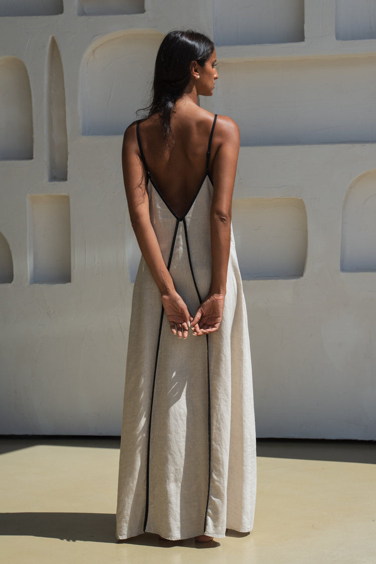 Azalea Linen Maxi Dress in Oatmeal - back view, open V-back with contrast black trim and spaghetti straps - Lilly Pilly Collection