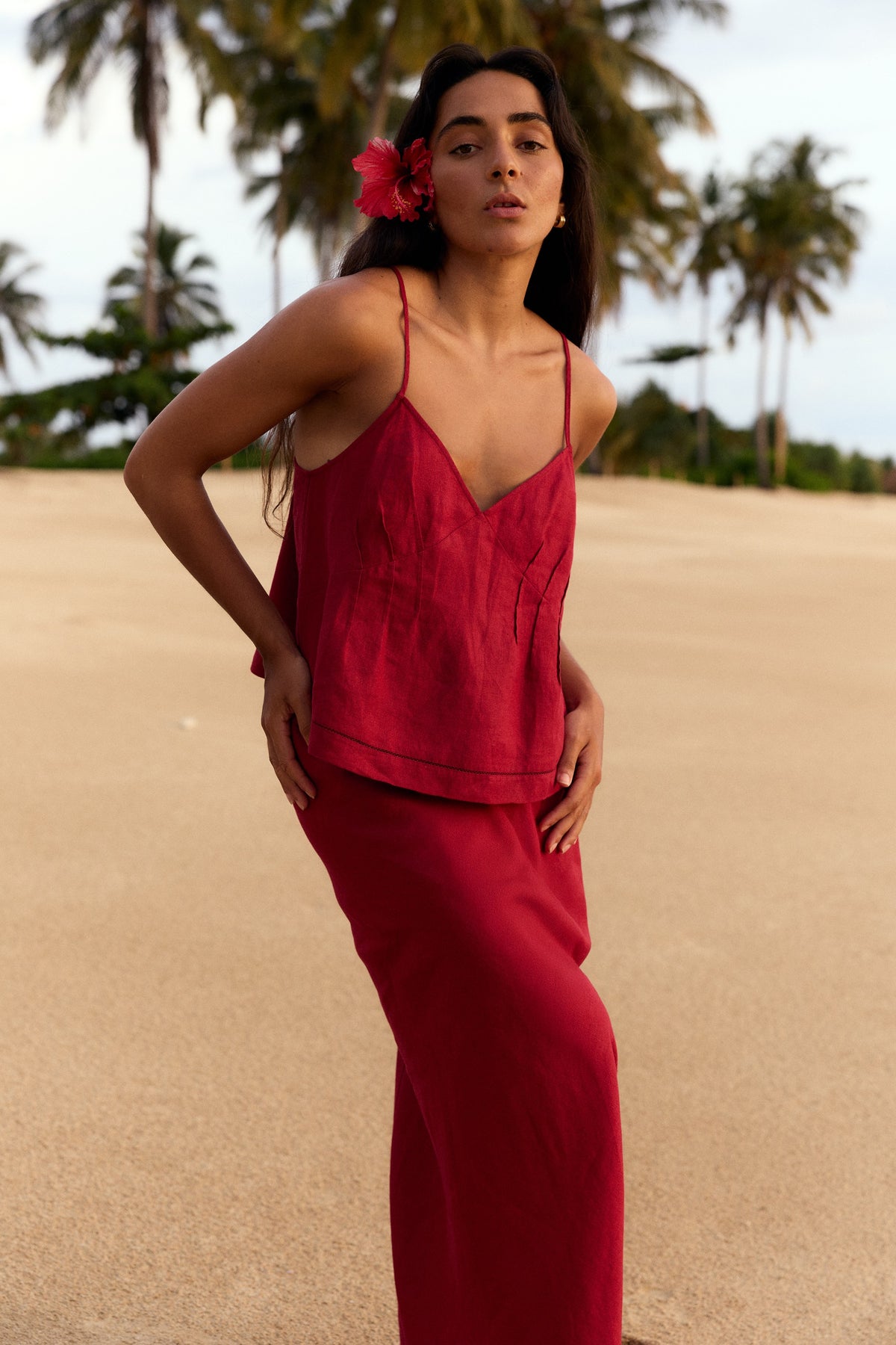 Bea Linen Cami in Cherry Red - full length, V-neckline and spaghetti straps, styled with matching cherry red Riley Linen maxi skirt, palm tree beach - Lilly Pilly Collection