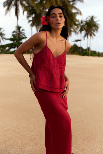 Bea Linen Cami in Cherry Red - full length, V-neckline and spaghetti straps, styled with matching cherry red Riley Linen maxi skirt, palm tree beach - Lilly Pilly Collection