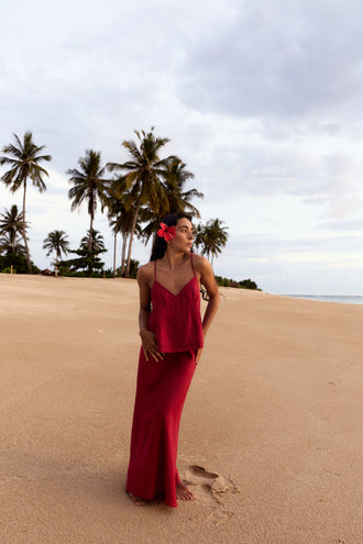 Bea Linen Cami in Cherry Red - full length, styled with matching Riley Linen Maxi Skirt, palm tree beach and ocean backdrop - Lilly Pilly Collection