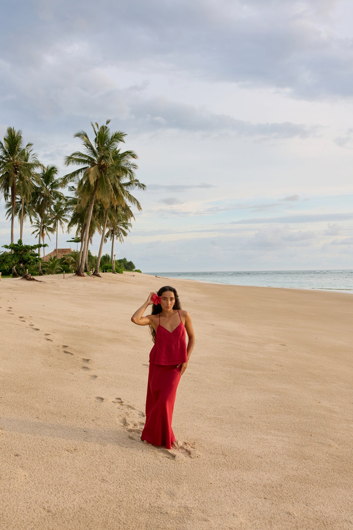 Bea Linen Cami in Cherry Red - full length, V-neckline and spaghetti straps, styled with matching Riley Linen Maxi Skirt - Lilly Pilly Collection