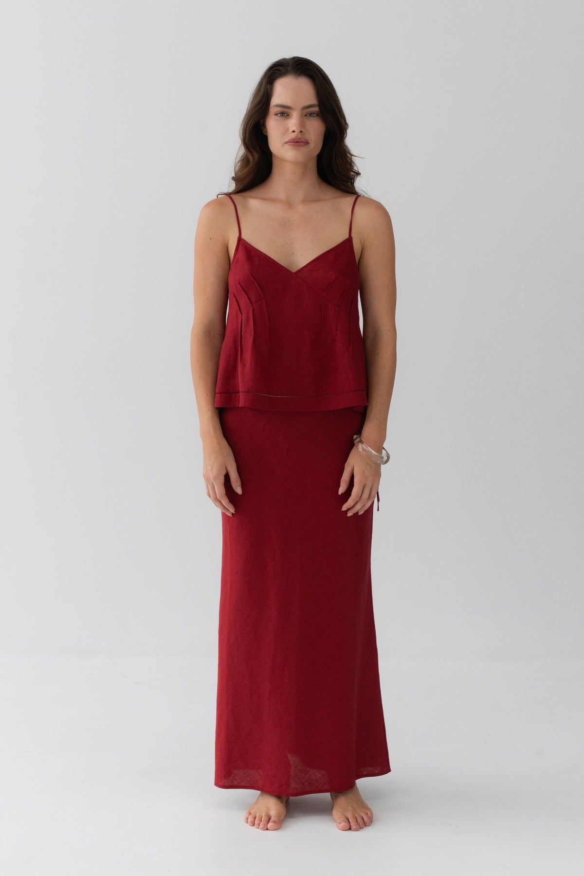 Bea Linen Cami in Cherry Red - full length front view, V-neckline and spaghetti straps, styled with matching Riley Linen Maxi Skirt - Lilly Pilly Collection
