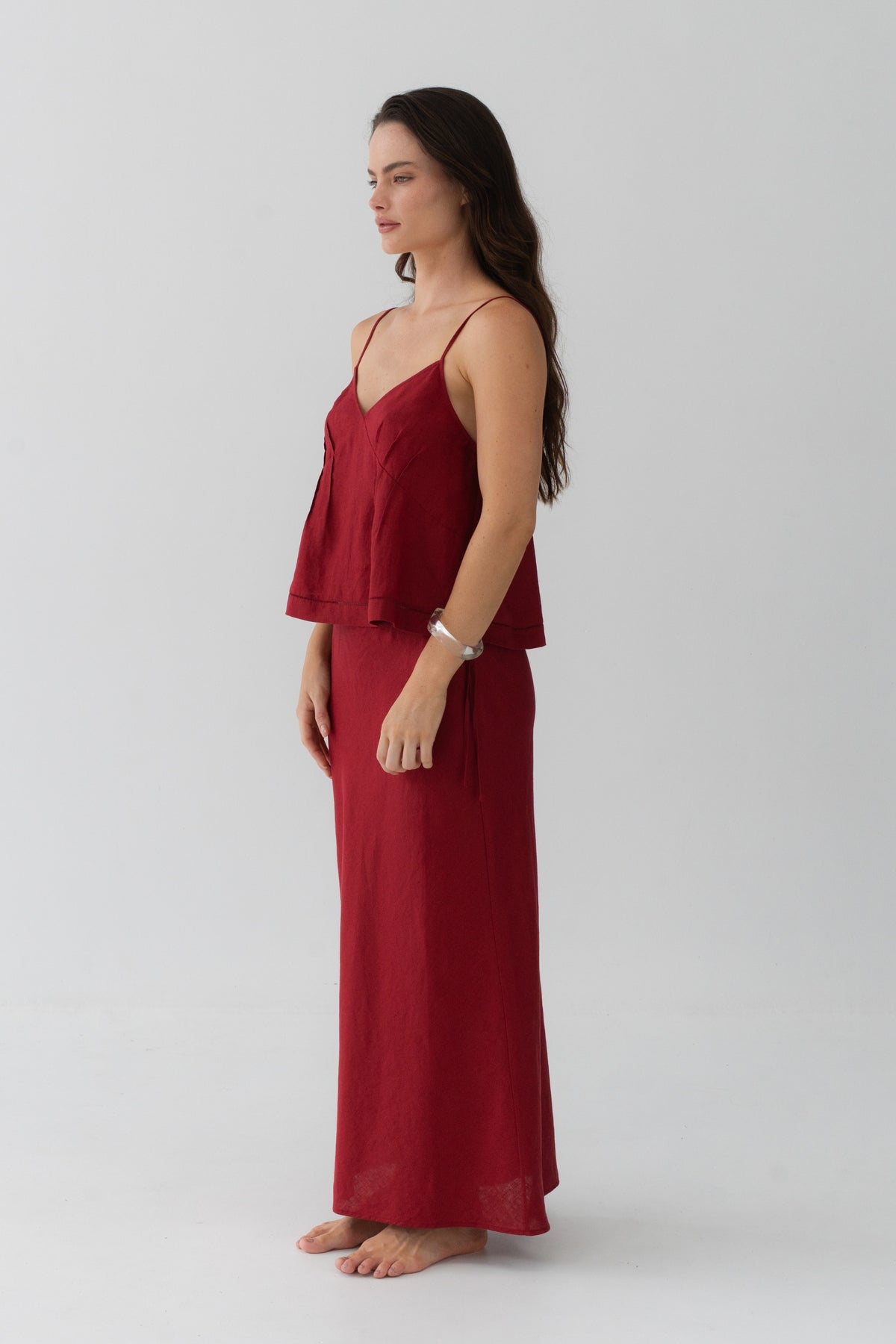 Bea Linen Cami in Cherry Red - side profile, spaghetti straps and relaxed hem, styled with matching Riley Linen Maxi Skirt - Lilly Pilly Collection