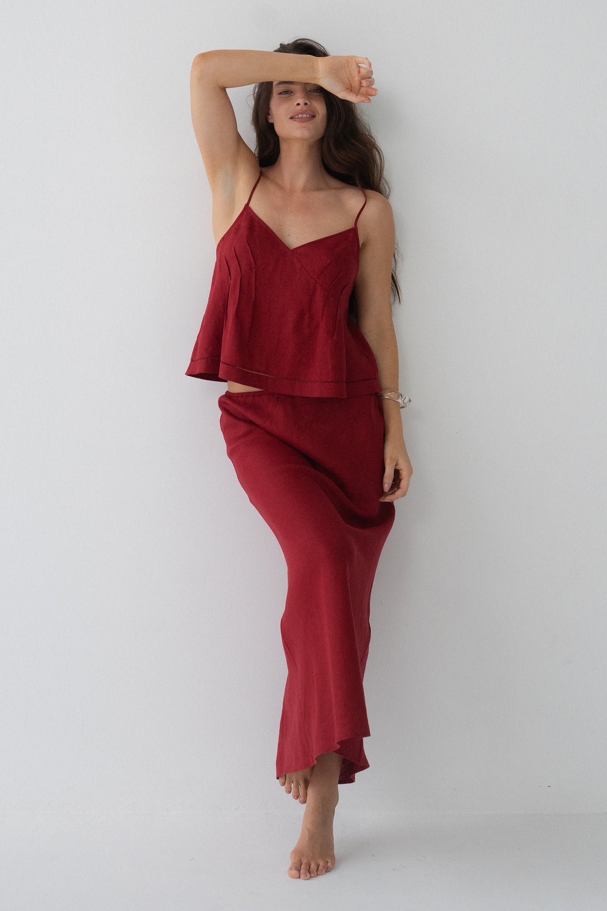 Bea Linen Cami in Cherry Red - full length, V-neckline and spaghetti straps, styled with matching Riley Linen Maxi Skirt - Lilly Pilly Collection