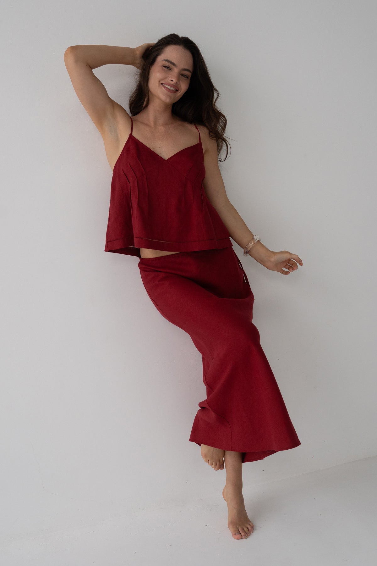 Bea Linen Cami in Cherry Red - front view, spaghetti straps and open back, styled with matching Riley Linen Maxi Skirt - Lilly Pilly Collection
