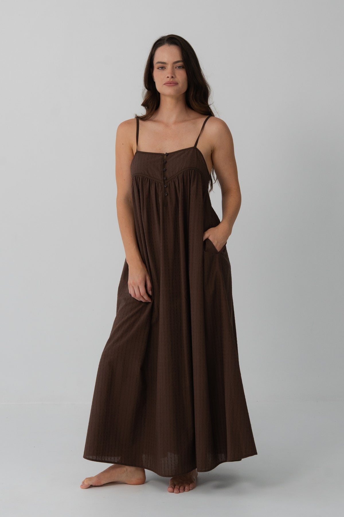 Beatrice Cotton Midi Dress in Chocolate - full front view, spaghetti straps, button-front bodice and side pockets - Lilly Pilly Collection