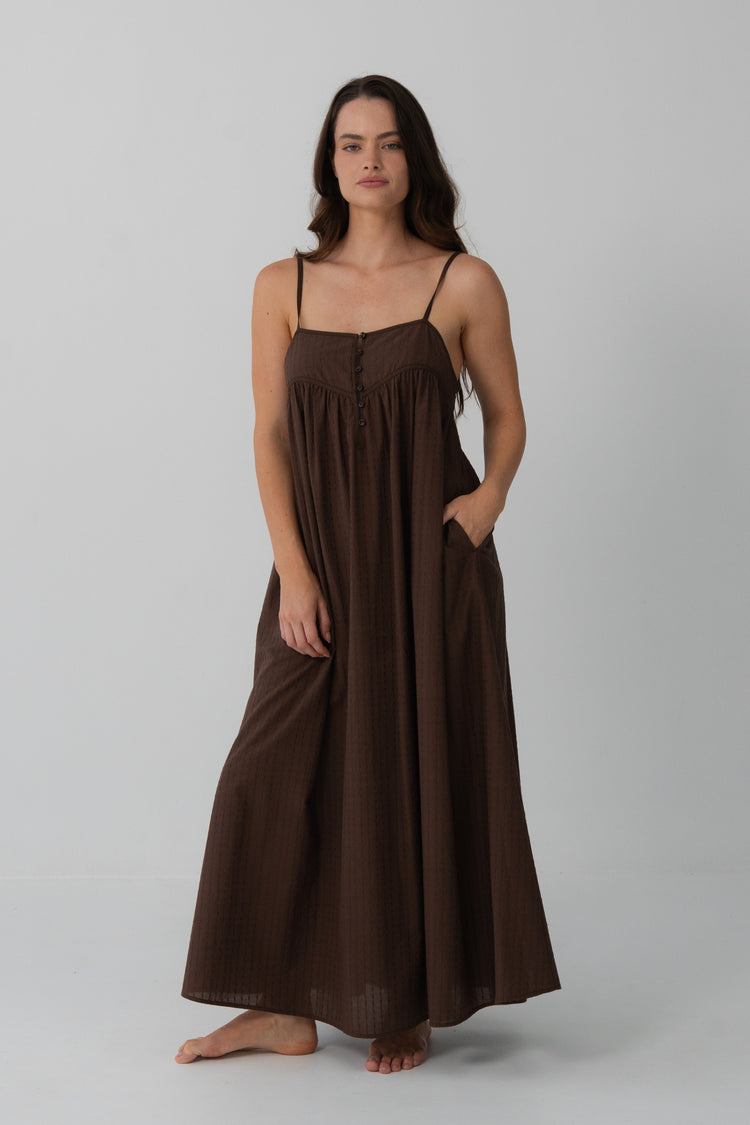 Beatrice Cotton Midi Dress in Chocolate - full front view, spaghetti straps, button-front bodice and side pockets - Lilly Pilly Collection