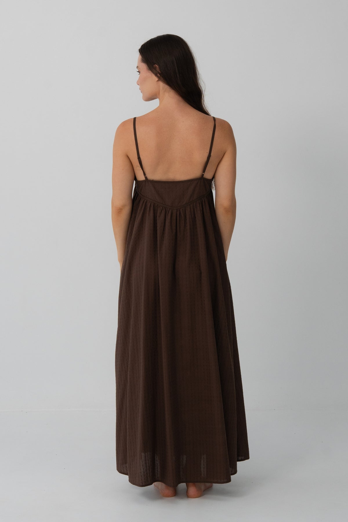 Beatrice Cotton Midi Dress in Chocolate - back view, open back with spaghetti straps and full skirt - Lilly Pilly Collection