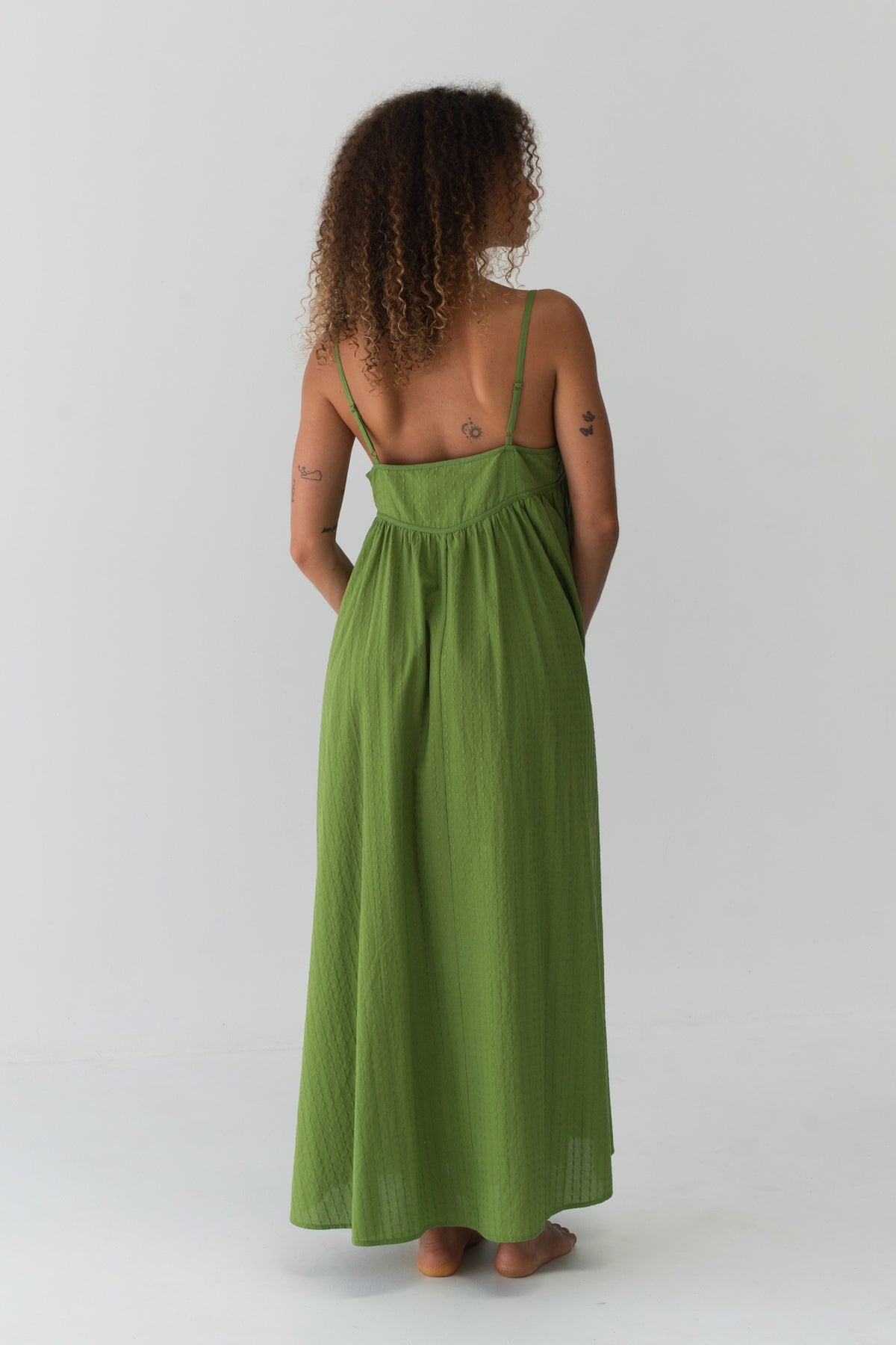 Beatrice Cotton Midi Dress in Lime Green - back view, open back with spaghetti straps and gathered waist - Lilly Pilly Collection