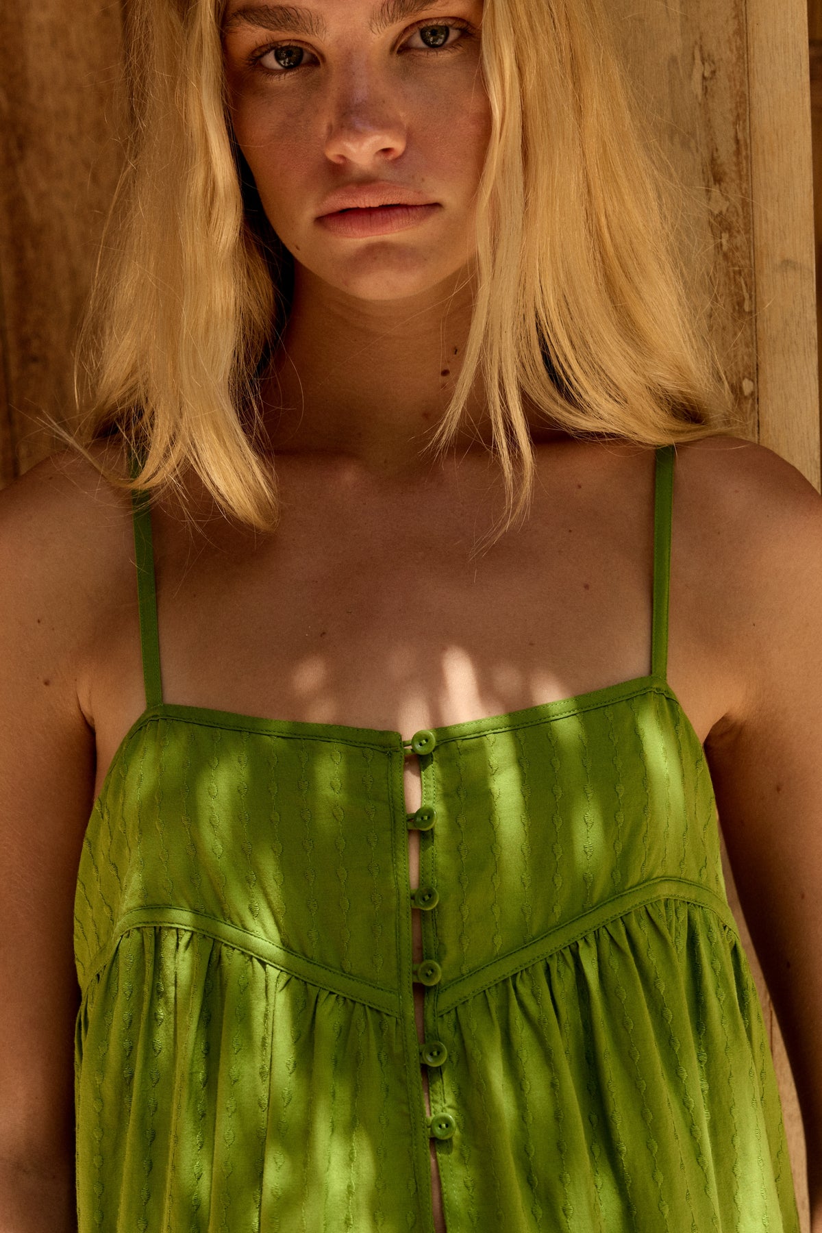 Beatrice Cotton Midi Dress in Lime Green - close-up front view of bodice buttons - Lilly Pilly Collection
