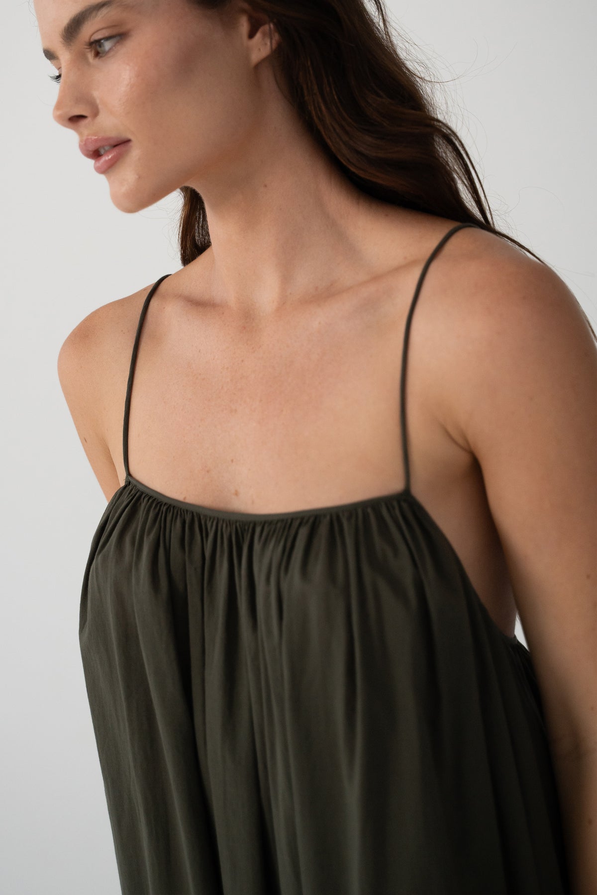 Belle Cotton Midi Dress in Khaki - close-up of gathered square neckline and thin straps - Lilly Pilly Collection