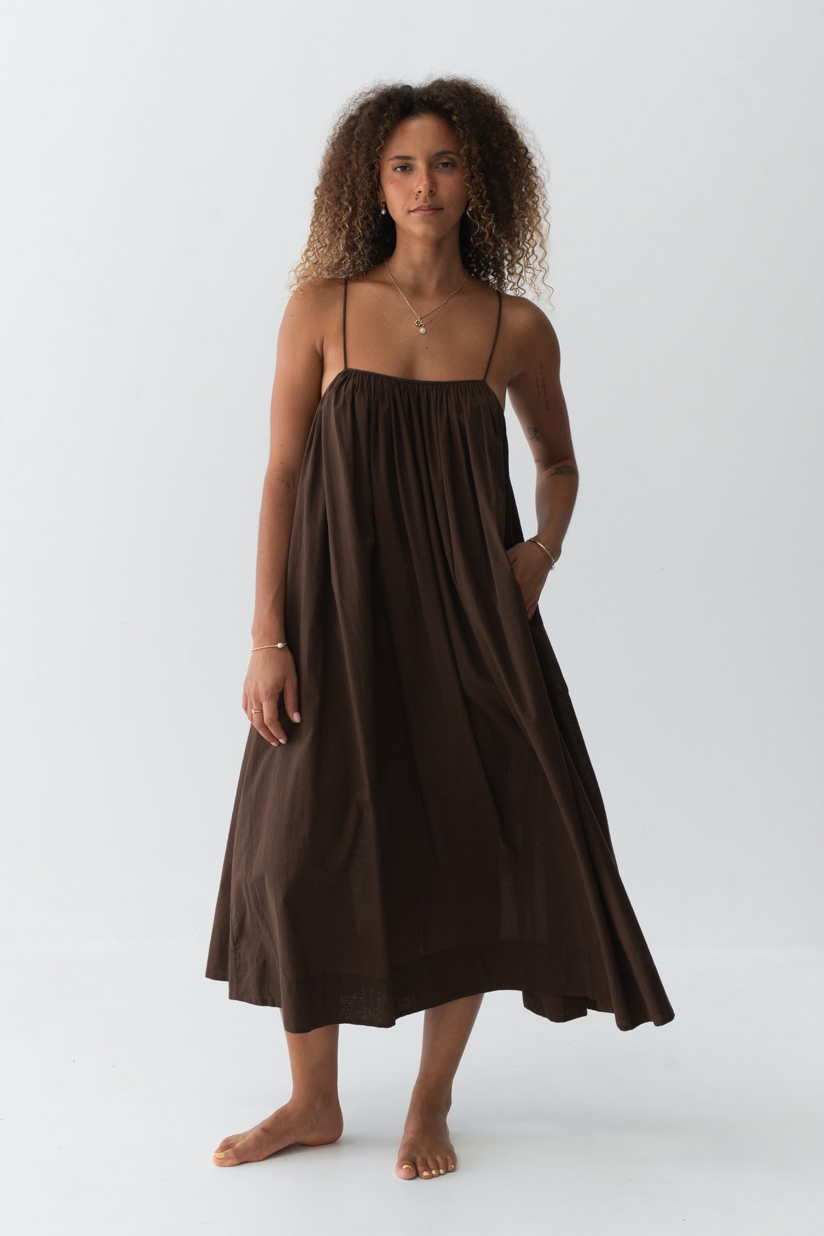 Belle Cotton Midi Dress in Chocolate - full front view, gathered neckline, voluminous midi length - Lilly Pilly Collection