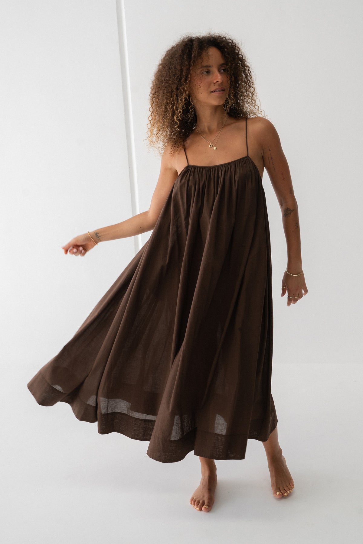 Belle Cotton Midi Dress in Chocolate - front view, gathered square neckline and spaghetti straps, white studio - Lilly Pilly Collection