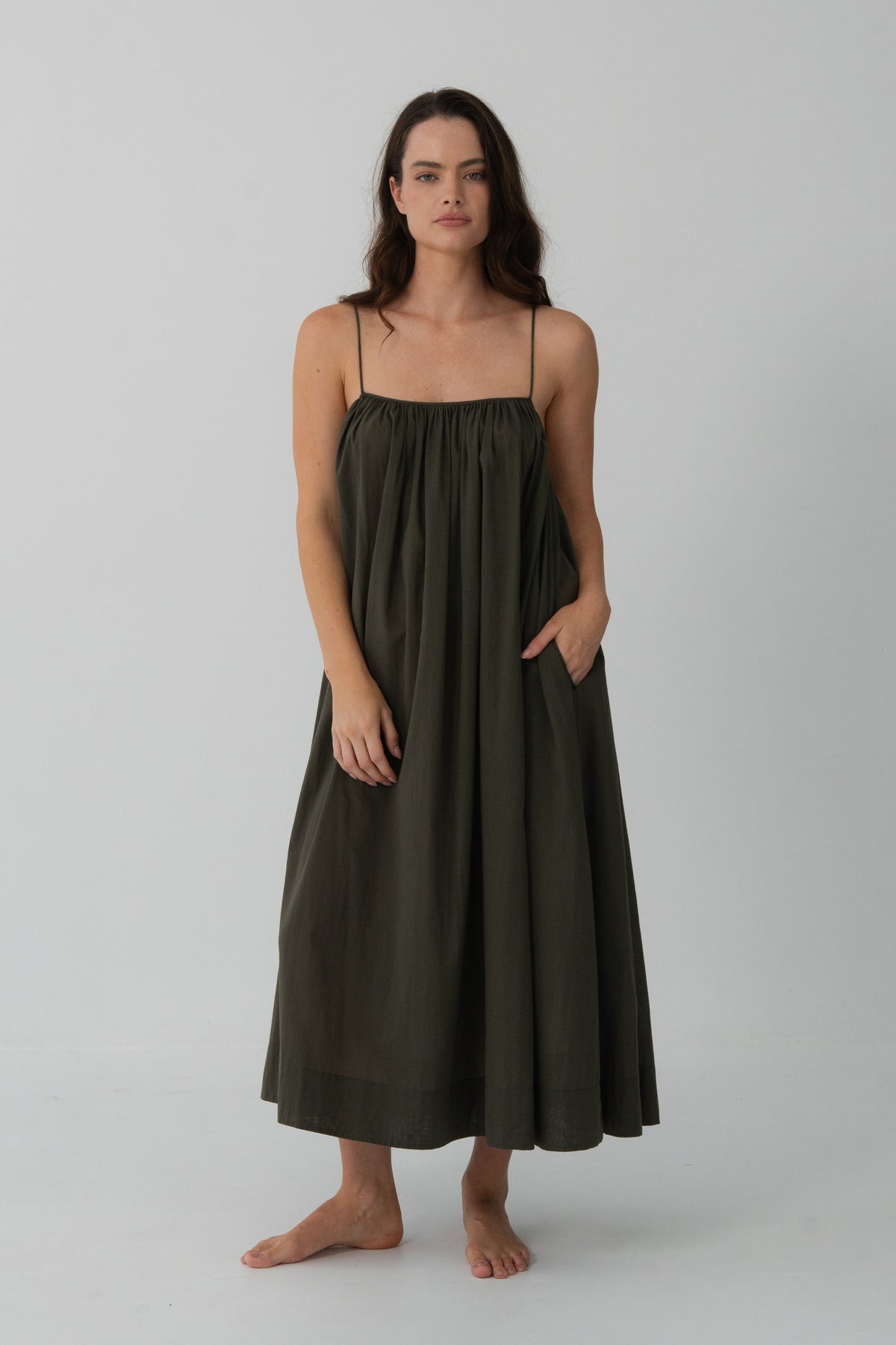 Belle Cotton Midi Dress in Khaki - full front view, gathered neckline, side pockets and midi length - Lilly Pilly Collection