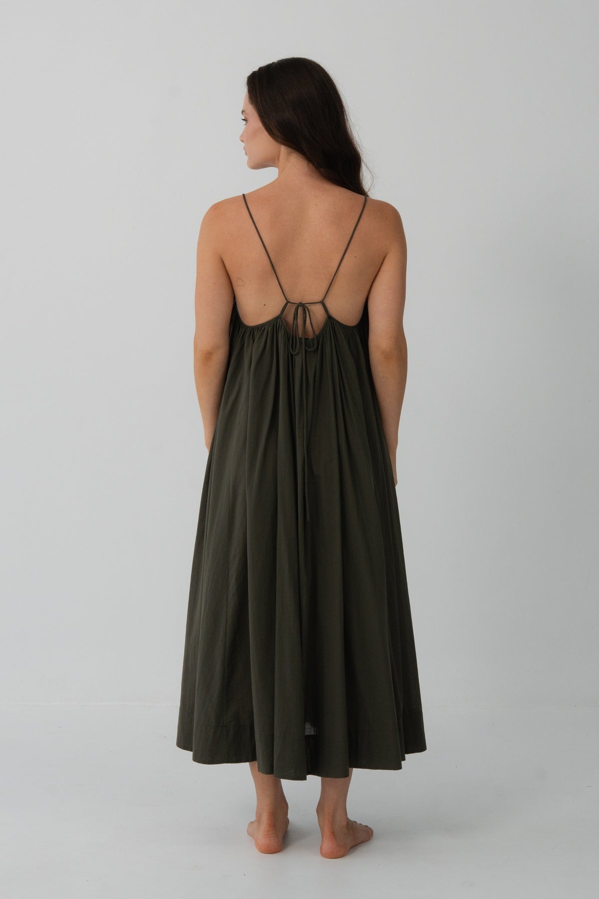 Belle Cotton Midi Dress in Khaki - back view, open low back tie detail and full skirt - Lilly Pilly Collection