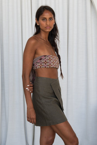 Betty Linen Skirt in Khaki - side view with studio background - Lilly Pilly Collection