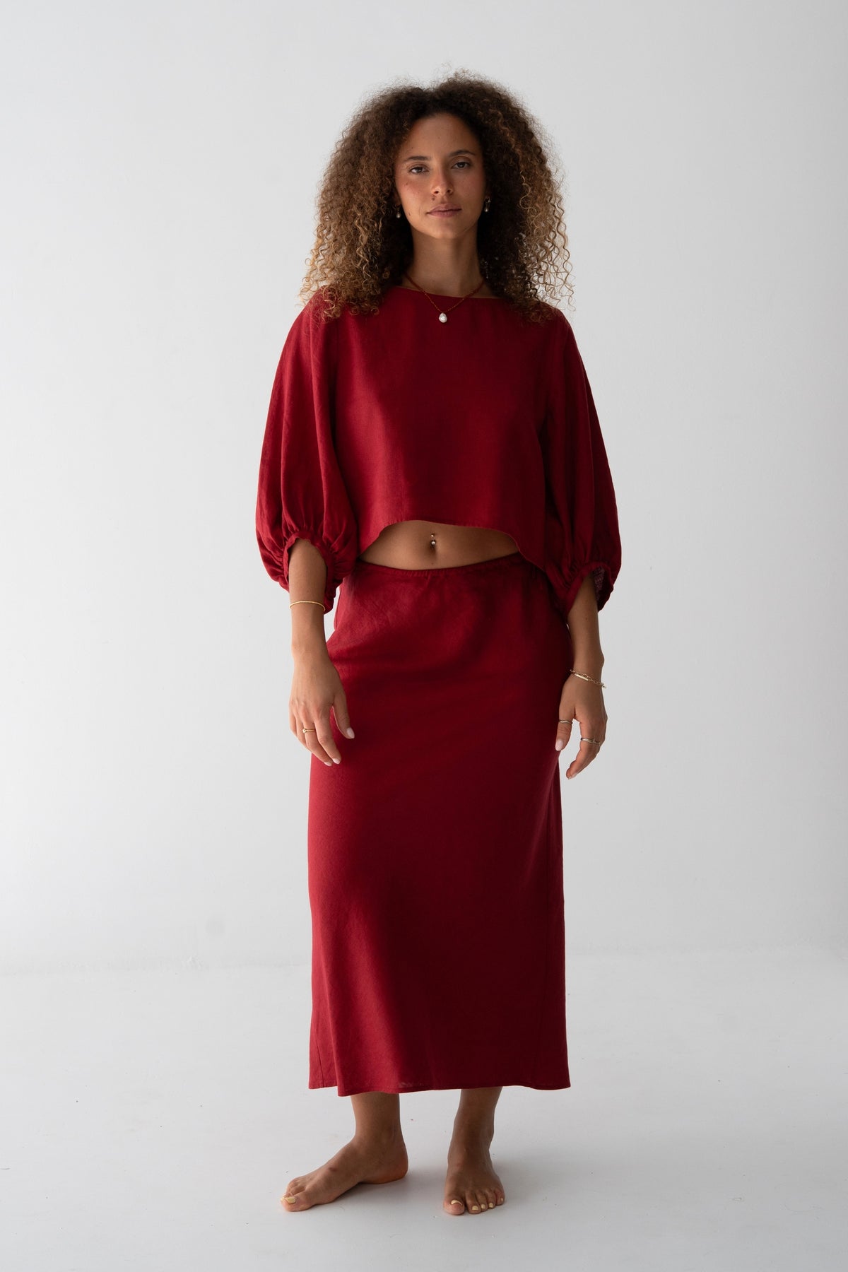 Demi Linen Top in Cherry Red - front view, round neckline and puff sleeves, styled with matching Riley Linen Skirt - Lilly Pilly Collection