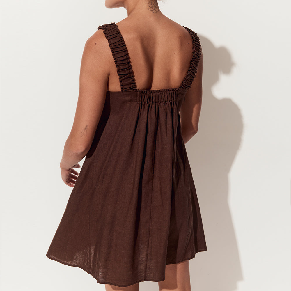 Dresses Collection featuring Zahra linen mini dress in Chocolate - close up back view with ruched shoulder straps and a gathered back by Lilly Pilly Collection