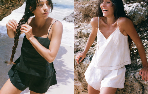 Two images of a woman in different linen Gaia shorts and Rosa top outfits on a beach.